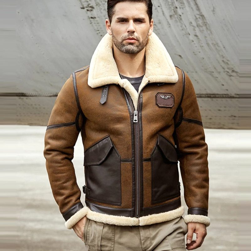 2022NewMensBrownB3ShearlingJacketSheepskinCoatLeatherJacketFurCoatAirforceFlightJacketMensWinterCoats