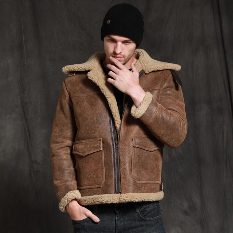 2022NewMensBrownSheepskinShearlingJacketShortLeatherJacketFurCoatThickMensWinterCoats2