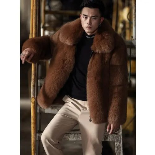 2022NewRealMensBlackFoxFurCoatFashionShortLeatherJacketNaturalSlimFurJacketMensWinterCoats