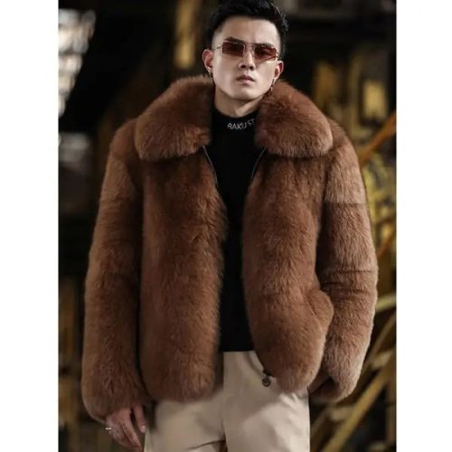 2022NewRealMensBlackFoxFurCoatFashionShortLeatherJacketNaturalSlimFurJacketMensWinterCoats2