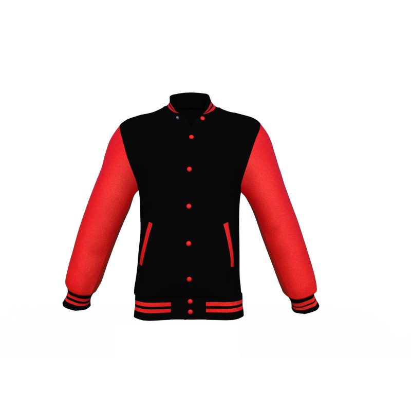 Black Varsity Letterman Jacket with Red Sleeves - Shearling leather