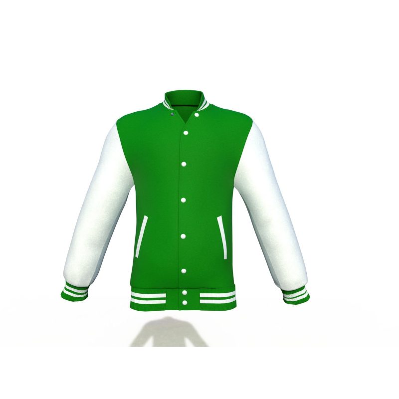 Dark Green Varsity Letterman Jacket with White Sleeves - Shearling leather