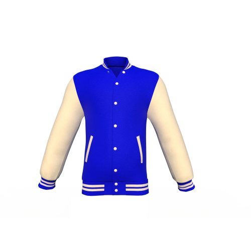 Blue Varsity Letterman Jacket with Cream Sleeves - Shearling leather