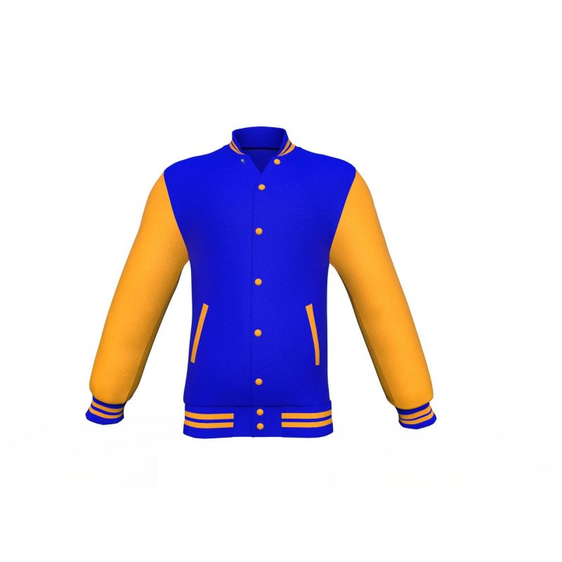 Blue Varsity Letterman Jacket with Gold Sleeves - Shearling leather