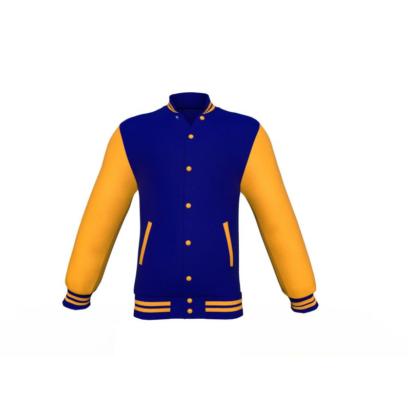 Navy Varsity Letterman Jacket with Gold Sleeves - Shearling leather