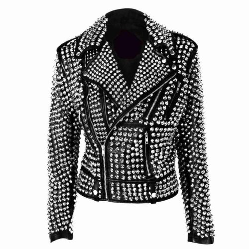 A.L.C Woman Full Silver Studded Punk Cowhide Leather Jacket - Shearling leather