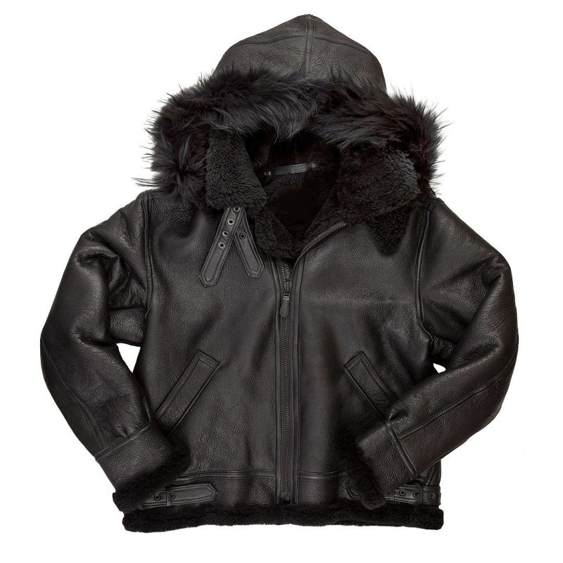 All Black B 3 Hooded Sheepskin Bomber Jacket 1