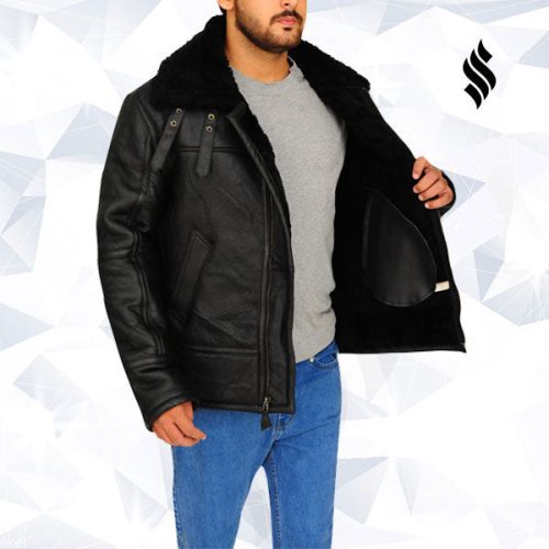 Aviator Bomber Sheepskin Black Jacket