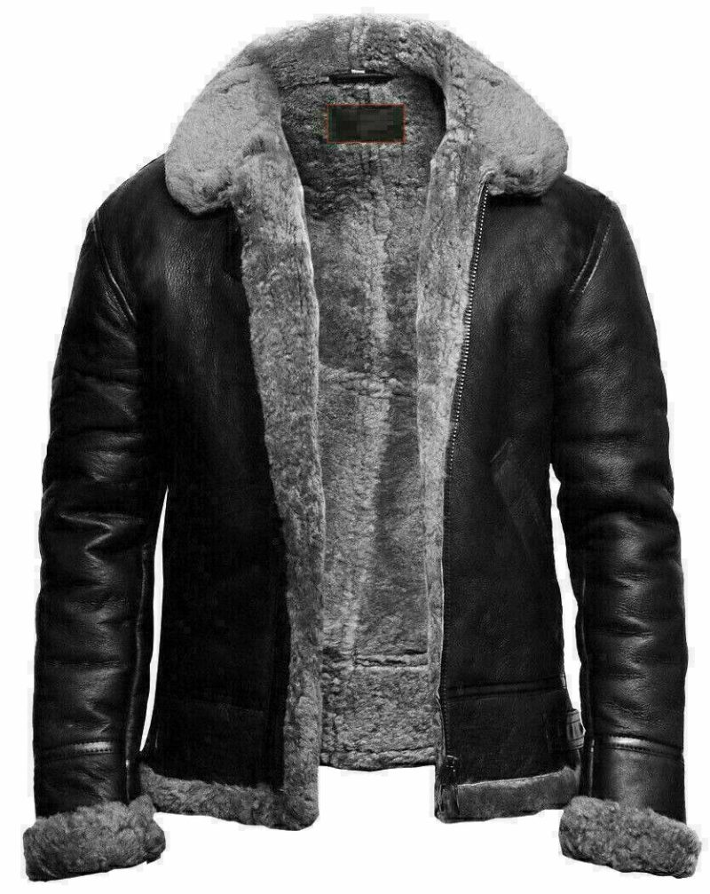 B3BomberFlyingRAFAviatorRealSheepSkinFurCollarLeatherJacketforMen