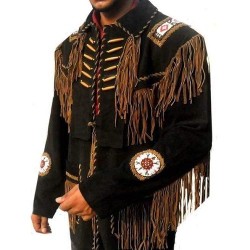 Beads Western Cowboy Suede Leather Jacket Fringes Cowboy Jacket SIDEW POSE