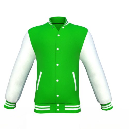 Light Green Varsity Letterman Jacket with White Sleeves - Shearling leather