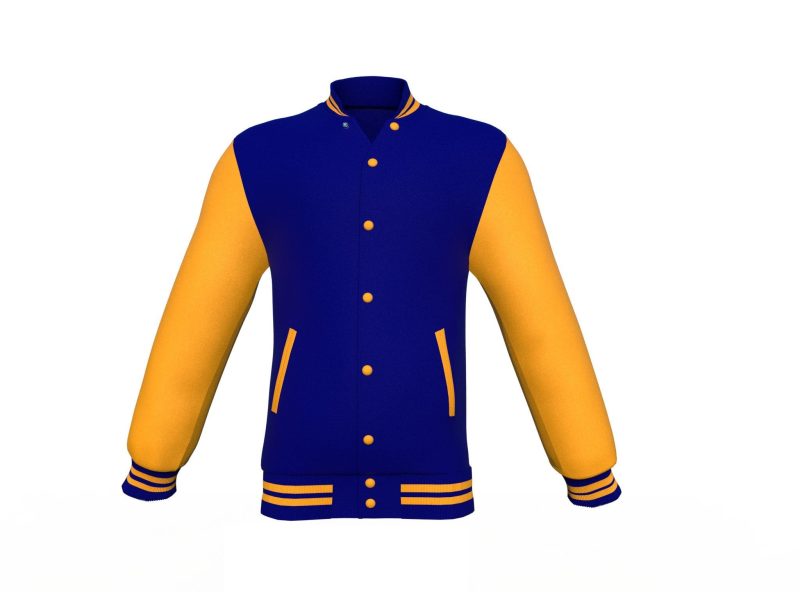 Navy Varsity Letterman Jacket with Gold Sleeves - Shearling leather