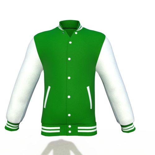 Dark Green Varsity Letterman Jacket with White Sleeves - Shearling leather