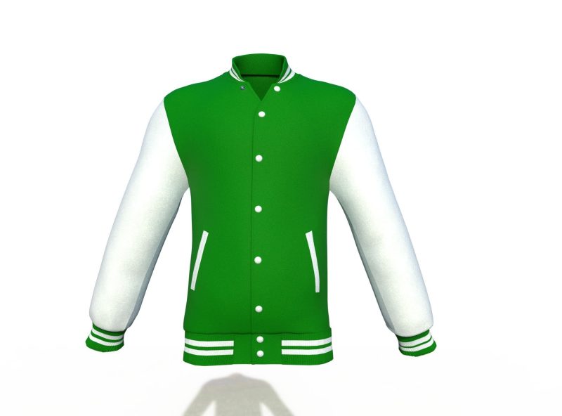 Dark Green Varsity Letterman Jacket with White Sleeves - Shearling leather