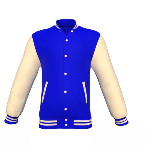 Blue Varsity Letterman Jacket with Cream Sleeves - Shearling leather