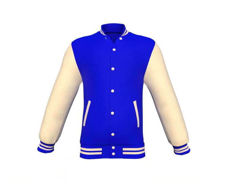 Blue Varsity Letterman Jacket with Cream Sleeves - Shearling leather