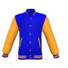 Blue Varsity Letterman Jacket with Gold Sleeves - Shearling leather