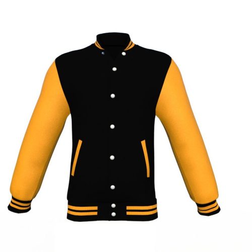 Black Varsity Letterman Jacket with Gold Sleeves - Shearling leather