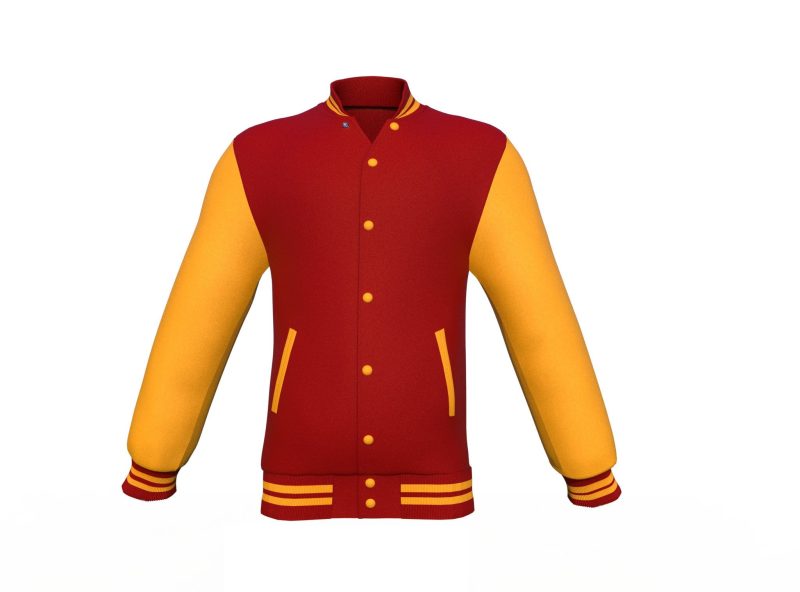 Maroon Varsity Letterman Jacket with Gold Sleeves - Shearling leather