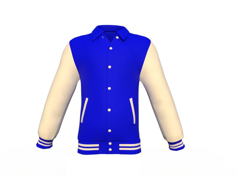 Blue Varsity Letterman Jacket with Cream Sleeves - Shearling leather