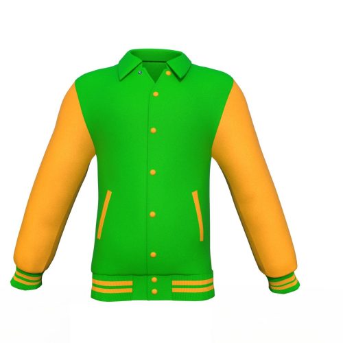 Light Green Varsity Letterman Jacket with Gold Sleeves - Shearling leather