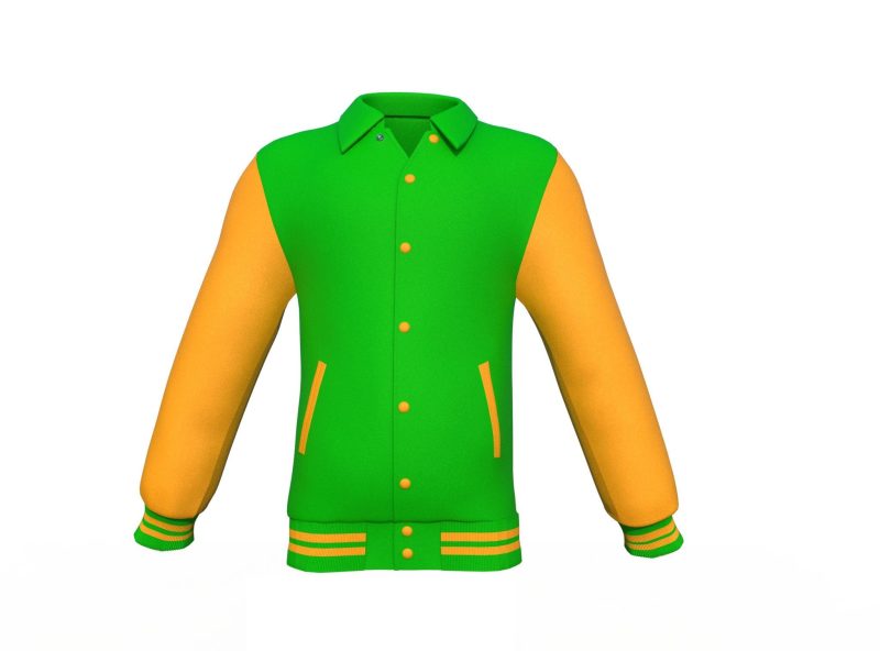 Light Green Varsity Letterman Jacket with Gold Sleeves - Shearling leather