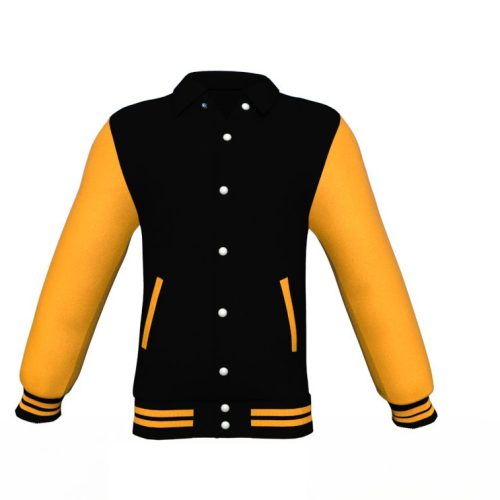 Black Varsity Letterman Jacket with Gold Sleeves - Shearling leather