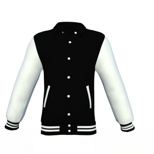 Black Varsity Letterman Jacket with White Sleeves - Shearling leather