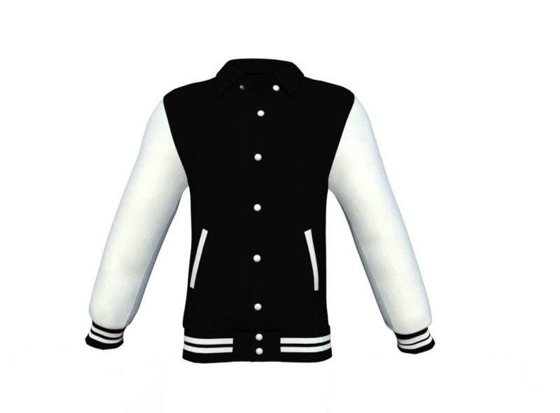 Black Varsity Letterman Jacket with White Sleeves - Shearling leather