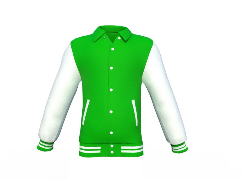 Light Green Varsity Letterman Jacket with White Sleeves - Shearling leather