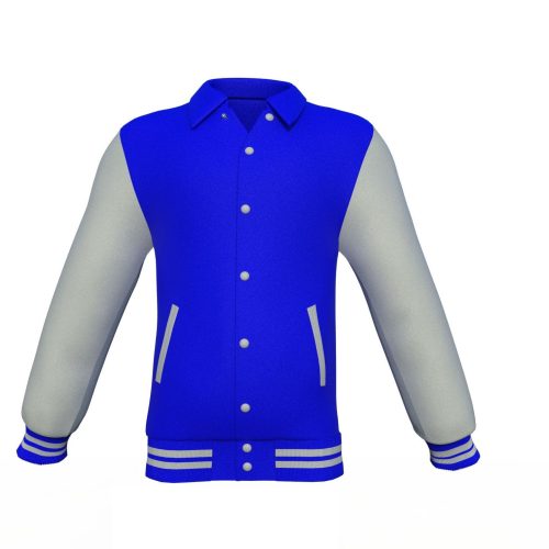 Blue Varsity Letterman Jacket with Grey Sleeves - Shearling leather