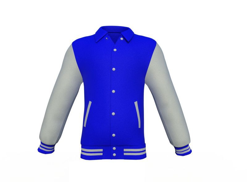 Blue Varsity Letterman Jacket with Grey Sleeves - Shearling leather