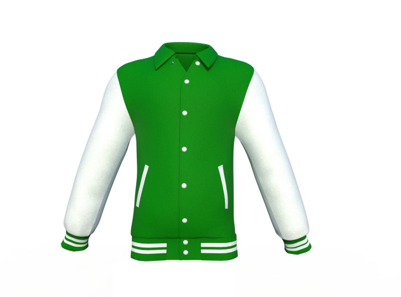 Dark Green Varsity Letterman Jacket with White Sleeves - Shearling leather