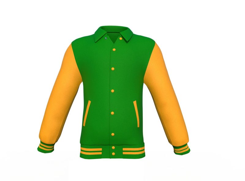 Dark Green Varsity Letterman Jacket with Gold Sleeves - Shearling leather