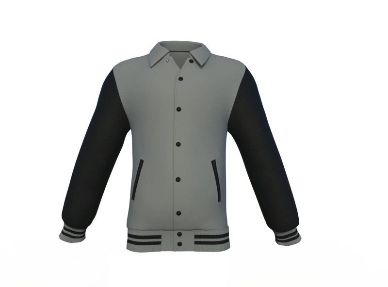 Grey Varsity Letterman Jacket with Black Sleeves - Shearling leather