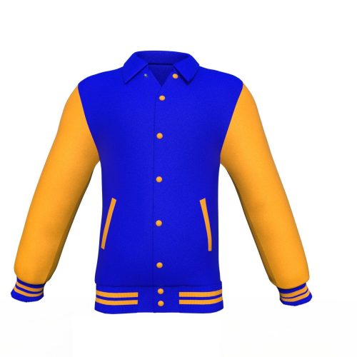 Blue Varsity Letterman Jacket with Gold Sleeves - Shearling leather