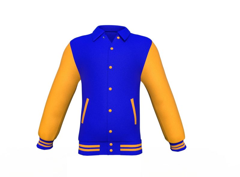 Blue Varsity Letterman Jacket with Gold Sleeves - Shearling leather