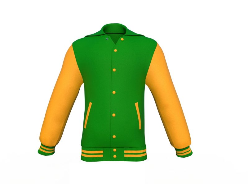 Dark Green Varsity Letterman Jacket with Gold Sleeves - Shearling leather