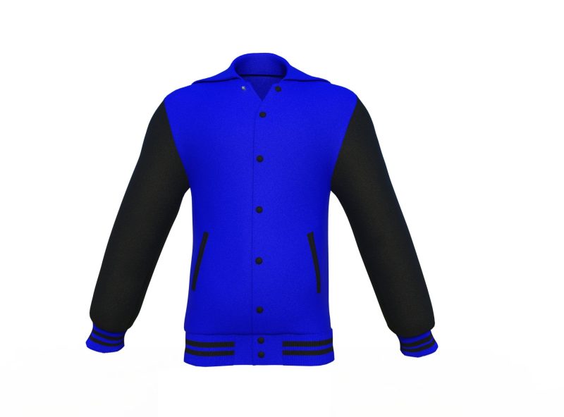 Blue Varsity Letterman Jacket with Black Sleeves - Shearling leather