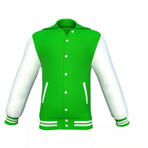 Light Green Varsity Letterman Jacket with White Sleeves - Shearling leather