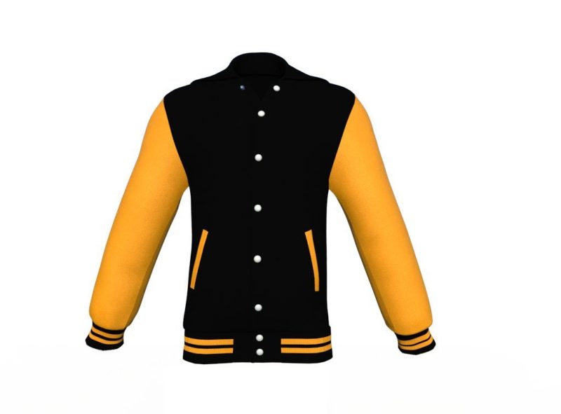 Black Varsity Letterman Jacket with Gold Sleeves - Shearling leather