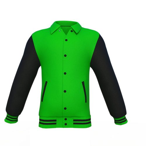 Light Green Varsity Letterman Jacket with Black Sleeves - Shearling leather