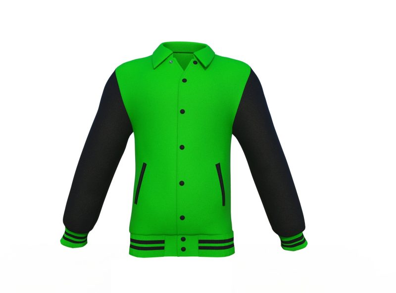 Light Green Varsity Letterman Jacket with Black Sleeves - Shearling leather