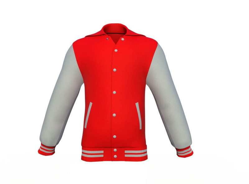 Red Varsity Letterman Jacket with Grey Sleeves - Shearling leather