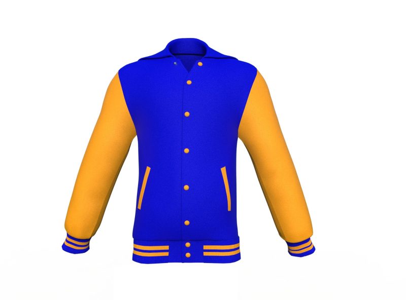 Blue Varsity Letterman Jacket with Gold Sleeves - Shearling leather