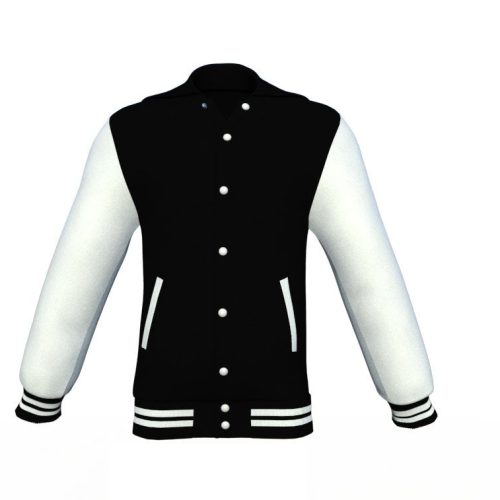 Black Varsity Letterman Jacket with White Sleeves - Shearling leather