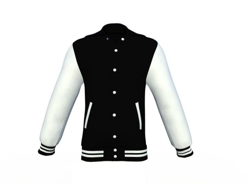 Black Varsity Letterman Jacket with White Sleeves - Shearling leather