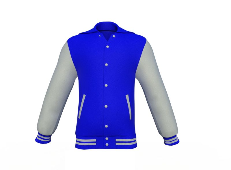 Blue Varsity Letterman Jacket with Grey Sleeves - Shearling leather