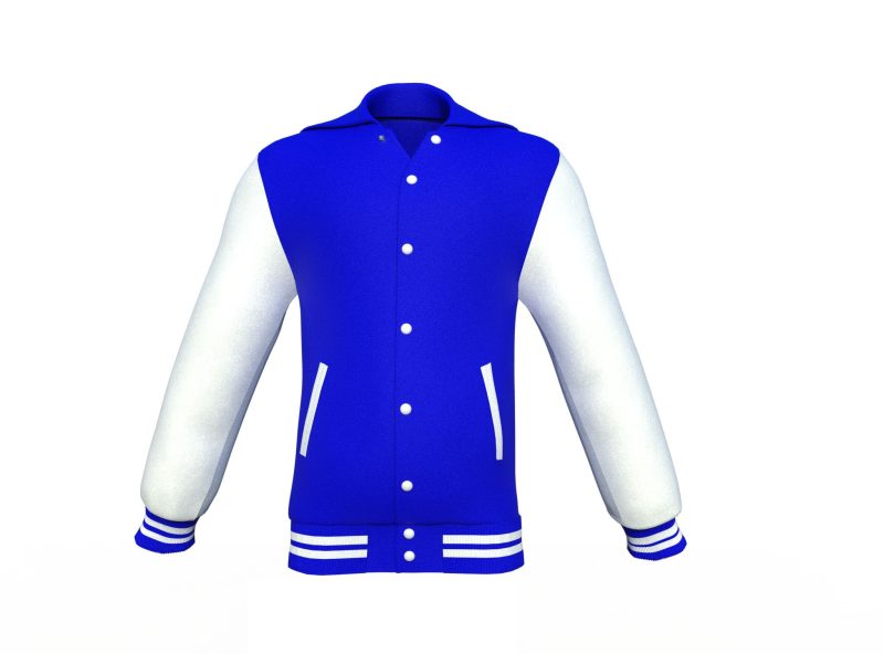 Blue Varsity Letterman Jacket with White Sleeves - Shearling leather