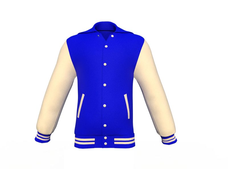 Blue Varsity Letterman Jacket with Cream Sleeves - Shearling leather